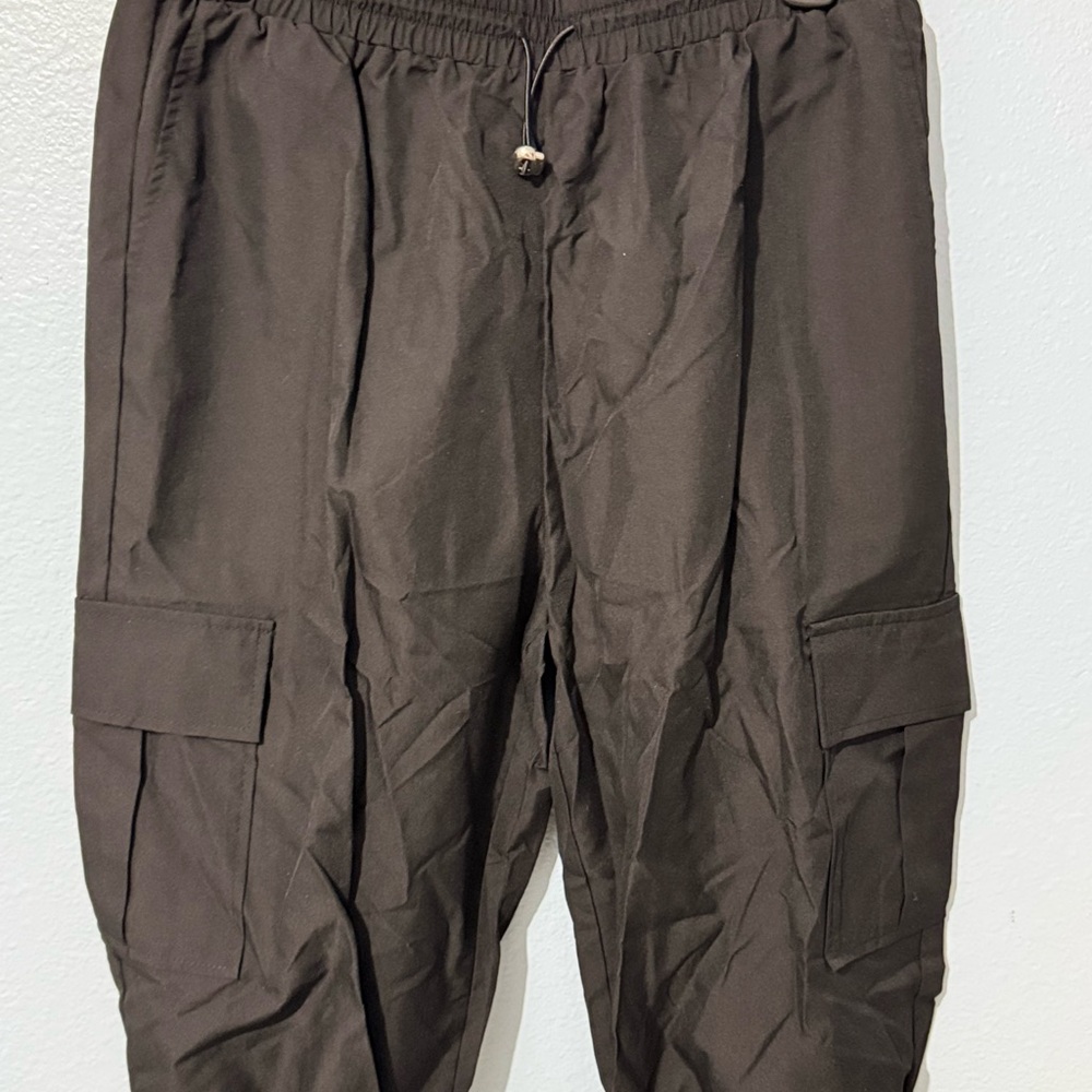 Dark Brown Relaxed Fit Cargo Pants with Elastic Waistband